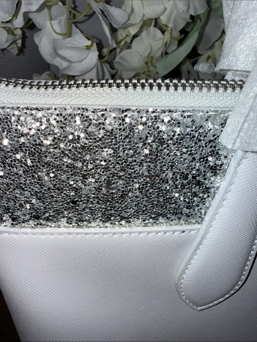 kate spade White Tote with Silver Glitter Accent